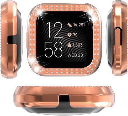 حافظة ساعة واقية مخصصة لـ Fitbit Versa 2، غطاء واقٍ من البولي كربونات ممتص للصدمات مزين بصف مزدوج من الألماس اللامع لملحقات الساعة الذكية Fitbit Versa 2 (ذهبي) in Kuwait