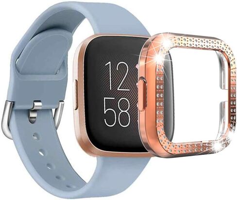 حافظة ساعة واقية مخصصة لـ Fitbit Versa 2، غطاء واقٍ من البولي كربونات ممتص للصدمات مزين بصف مزدوج من الألماس اللامع لملحقات الساعة الذكية Fitbit Versa 2 (ذهبي) in Kuwait