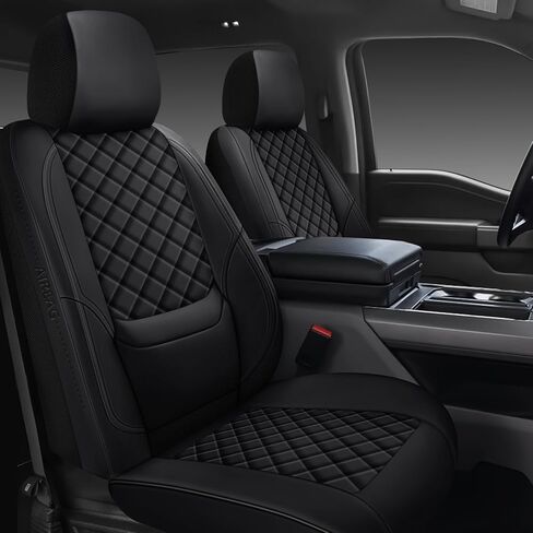 أغطية مقاعد F150 2015-2025 مجموعة كاملة، مجموعات داخلية للشاحنة مع دعم قطني مناسب حسب الطلب لفورد F150 2015-2025، F250/F350/F450 2017-2025 Super Duty Crew Cab XLT XL Lariat Platinum، أسود in Kuwait