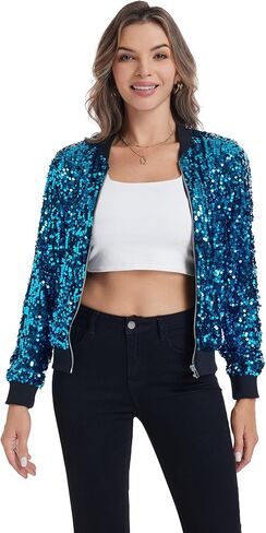 Yutuwomsfushi Womens Long Sleeve Sequin Open Front Zipper Jacket with Ribbed Cuffs in Kuwait