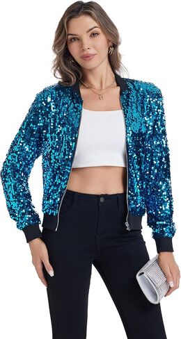 Yutuwomsfushi Womens Long Sleeve Sequin Open Front Zipper Jacket with Ribbed Cuffs in Kuwait