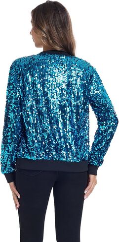 Yutuwomsfushi Womens Long Sleeve Sequin Open Front Zipper Jacket with Ribbed Cuffs in Kuwait
