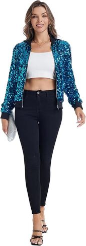 Yutuwomsfushi Womens Long Sleeve Sequin Open Front Zipper Jacket with Ribbed Cuffs in Kuwait
