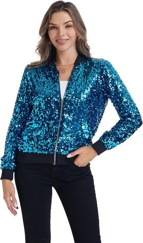 Yutuwomsfushi Womens Long Sleeve Sequin Open Front Zipper Jacket with Ribbed Cuffs in Kuwait