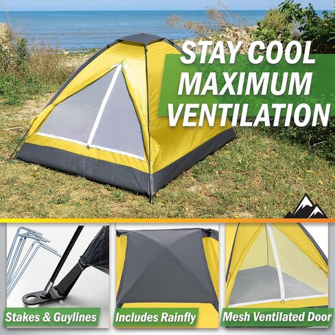 2-Person Dome Tent – Easy Set Up Shelter with Rain Fly and Carrying Bag for Camping, Beach, Hiking, and Festivals by Wakeman Outdoors (Yellow) in Saudi Arabia