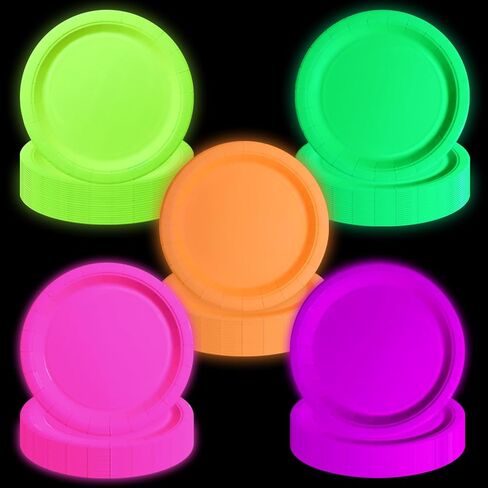 100 Pcs Glow in the Dark Neon Party Supplies, 5 Color Neon Birthday Plates Disposable Paper Plates for Let's Glow Party Decorations Halloween, 9 x 9 inches in Saudi Arabia