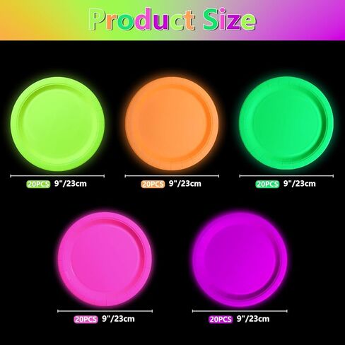 100 Pcs Glow in the Dark Neon Party Supplies, 5 Color Neon Birthday Plates Disposable Paper Plates for Let's Glow Party Decorations Halloween, 9 x 9 inches in Saudi Arabia