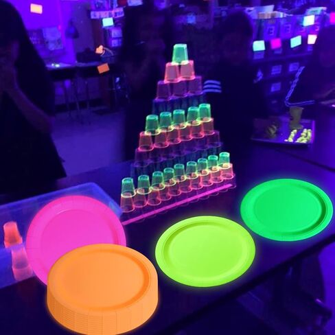 100 Pcs Glow in the Dark Neon Party Supplies, 5 Color Neon Birthday Plates Disposable Paper Plates for Let's Glow Party Decorations Halloween, 9 x 9 inches in Saudi Arabia