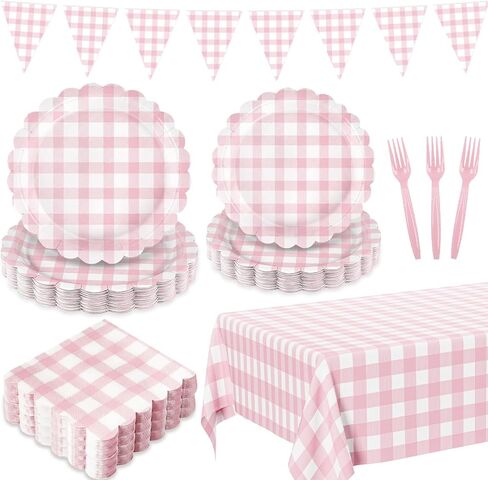 102 PCS Red Gingham Party Supplies - Christmas Scalloped Plates, Napkins, Cups, Forks, Banner, Gingham Tablecloth for Baby Shower, Birthday, Picnic Party Decorations, Serves 25 in Saudi Arabia