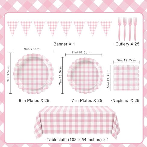 102 PCS Red Gingham Party Supplies - Christmas Scalloped Plates, Napkins, Cups, Forks, Banner, Gingham Tablecloth for Baby Shower, Birthday, Picnic Party Decorations, Serves 25 in Saudi Arabia