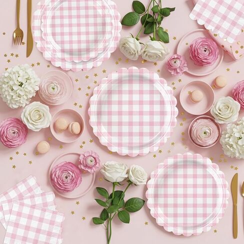102 PCS Red Gingham Party Supplies - Christmas Scalloped Plates, Napkins, Cups, Forks, Banner, Gingham Tablecloth for Baby Shower, Birthday, Picnic Party Decorations, Serves 25 in Saudi Arabia