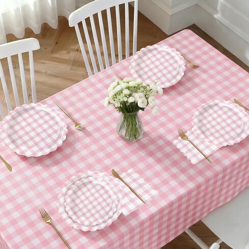 102 PCS Red Gingham Party Supplies - Christmas Scalloped Plates, Napkins, Cups, Forks, Banner, Gingham Tablecloth for Baby Shower, Birthday, Picnic Party Decorations, Serves 25 in Saudi Arabia