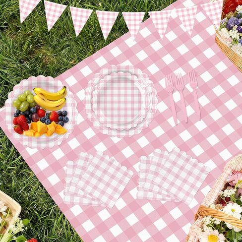 102 PCS Red Gingham Party Supplies - Christmas Scalloped Plates, Napkins, Cups, Forks, Banner, Gingham Tablecloth for Baby Shower, Birthday, Picnic Party Decorations, Serves 25 in Saudi Arabia