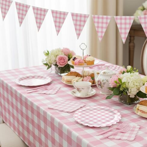 102 PCS Red Gingham Party Supplies - Christmas Scalloped Plates, Napkins, Cups, Forks, Banner, Gingham Tablecloth for Baby Shower, Birthday, Picnic Party Decorations, Serves 25 in Saudi Arabia
