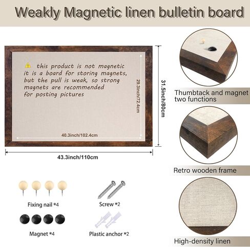 Large Magnetic Bulletin Board 36 x 24 Inch for Wall,Rustic Framed Cork Board with Linen for Home Office School,with 4 Push pins, 4 Magnets in Saudi Arabia