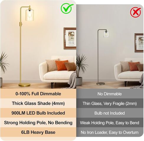 【Upgraded】Dimmable Gold Floor Lamp for Living Room with Clear Glass Lampshade, Glass Modern Floor Lamp with 900LM Edison Bulb Included, Standing Tall Lamp for Bedroom, Office, Reading Room, Corner in Kuwait