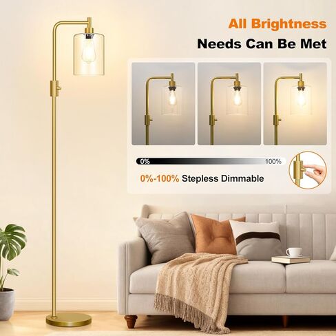 【Upgraded】Dimmable Gold Floor Lamp for Living Room with Clear Glass Lampshade, Glass Modern Floor Lamp with 900LM Edison Bulb Included, Standing Tall Lamp for Bedroom, Office, Reading Room, Corner in Kuwait