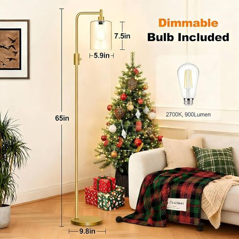【Upgraded】Dimmable Gold Floor Lamp for Living Room with Clear Glass Lampshade, Glass Modern Floor Lamp with 900LM Edison Bulb Included, Standing Tall Lamp for Bedroom, Office, Reading Room, Corner in Kuwait