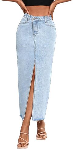 Women's High Waist Stretch Maxi Denim Skirt Front Split Frayed Raw Hem A line Casual Long Jean Skirt in Kuwait
