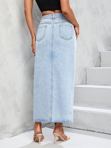 Women's High Waist Stretch Maxi Denim Skirt Front Split Frayed Raw Hem A line Casual Long Jean Skirt in Kuwait