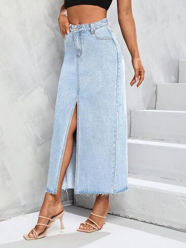 Women's High Waist Stretch Maxi Denim Skirt Front Split Frayed Raw Hem A line Casual Long Jean Skirt in Kuwait