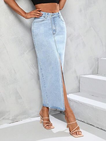 Women's High Waist Stretch Maxi Denim Skirt Front Split Frayed Raw Hem A line Casual Long Jean Skirt in Kuwait