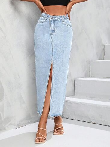 Women's High Waist Stretch Maxi Denim Skirt Front Split Frayed Raw Hem A line Casual Long Jean Skirt in Kuwait