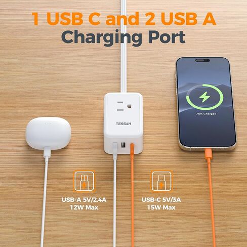 سلك تمديد مزدوج من TESSAN بطول 12 قدمًا، شريط طاقة واقي من التيار المسطح ذو طرف مزدوج، 3 منافذ غير قابلة للحجب 6 أقدام مقسم طاقة على كل جانب، امتداد منفذ مزدوج منفصل لغرفة النوم في المنزل والمكتب in Kuwait