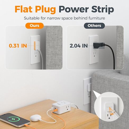 سلك تمديد مزدوج من TESSAN بطول 12 قدمًا، شريط طاقة واقي من التيار المسطح ذو طرف مزدوج، 3 منافذ غير قابلة للحجب 6 أقدام مقسم طاقة على كل جانب، امتداد منفذ مزدوج منفصل لغرفة النوم في المنزل والمكتب in Kuwait