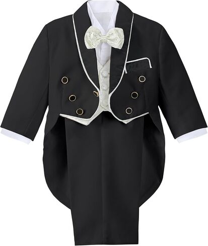 Dressy Daisy Baby Boy Classic Tuxedo Suit 5 قطع مجموعة فستان رسمي ملابس زفاف مع سترة جاكار ذهبية، أسود/أبيض in Kuwait