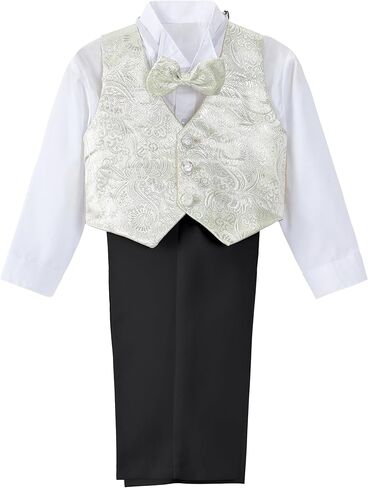 Dressy Daisy Baby Boy Classic Tuxedo Suit 5 قطع مجموعة فستان رسمي ملابس زفاف مع سترة جاكار ذهبية، أسود/أبيض in Kuwait