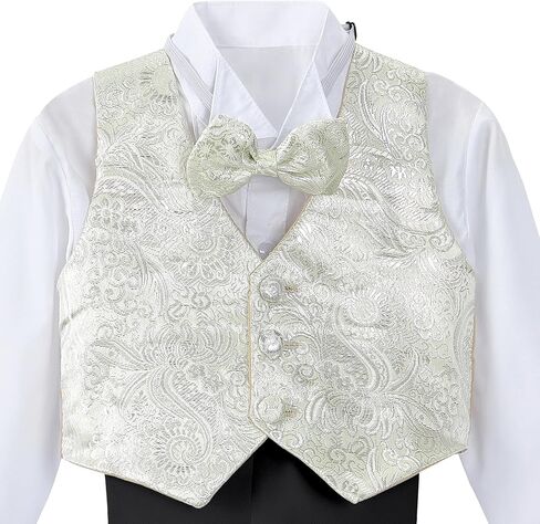 Dressy Daisy Baby Boy Classic Tuxedo Suit 5 قطع مجموعة فستان رسمي ملابس زفاف مع سترة جاكار ذهبية، أسود/أبيض in Kuwait