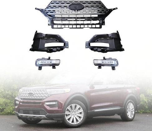 Front Upper Grille Kit with Fog Lights Compatible with 2020 2021 2022 Fo-rd Explorer, Replaces LB5Z-15266-AA, LB5Z-15266-AB in Saudi Arabia