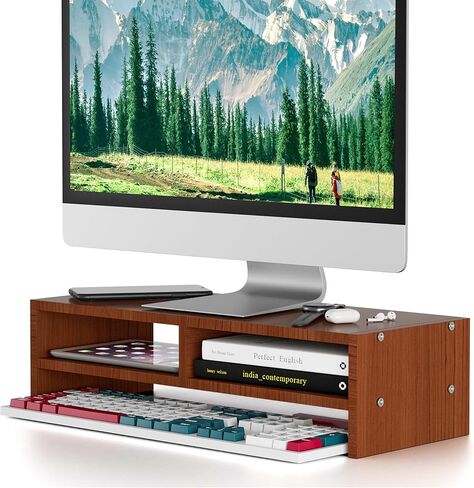 Monitor Stand Riser with Storage, 2 Tier Desk Organizer & Desktop Wood Shelf, Ergonomic Computer Stand for Laptop, PC & Printer, 16" Small TV Riser with 50 lbs Weight Capacity, Walnut Brown in Saudi Arabia