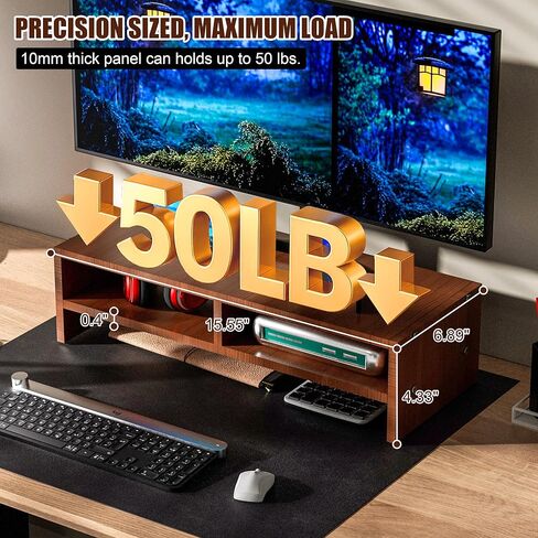 Monitor Stand Riser with Storage, 2 Tier Desk Organizer & Desktop Wood Shelf, Ergonomic Computer Stand for Laptop, PC & Printer, 16" Small TV Riser with 50 lbs Weight Capacity, Walnut Brown in Saudi Arabia