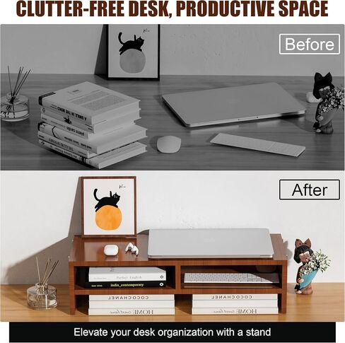 Monitor Stand Riser with Storage, 2 Tier Desk Organizer & Desktop Wood Shelf, Ergonomic Computer Stand for Laptop, PC & Printer, 16" Small TV Riser with 50 lbs Weight Capacity, Walnut Brown in Saudi Arabia