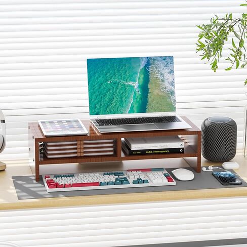 Monitor Stand Riser with Storage, 2 Tier Desk Organizer & Desktop Wood Shelf, Ergonomic Computer Stand for Laptop, PC & Printer, 16" Small TV Riser with 50 lbs Weight Capacity, Walnut Brown in Saudi Arabia