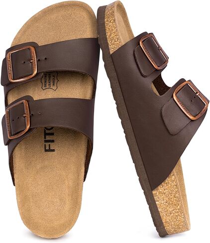 FITORY Mens Leather Insole Sandals with Two Buckles,Open Toe Slides for Indoor and Outdoor Size 7-13.5 in Kuwait