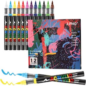 Acrylic Paint Markers for Adults | 12 Colors Brush Tip | Washable Coloring Marker | Drawing Pen on Paper, Wood, Canvas | Erasable on Glass | DIY Crafts Back-to-school Art Supplies in Saudi Arabia