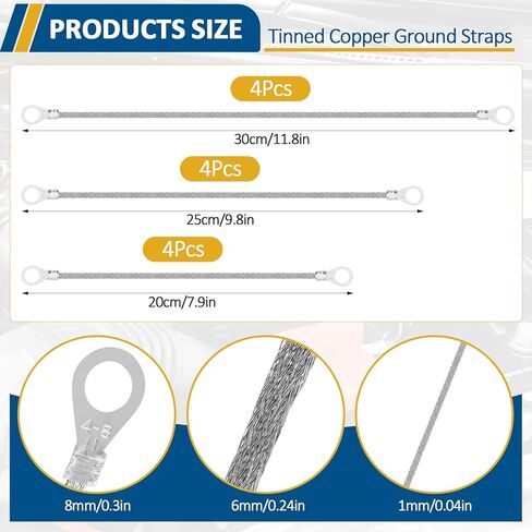 Yunsailing 12 Pcs Universal Automotive Ground Straps 8/10/12 Inch Engine Ground Strap Kit with Ring Terminals Braided Tinned Copper Grounding Wire Connectors for Most Cars Vehicle(0.43 Inch Width) in Saudi Arabia