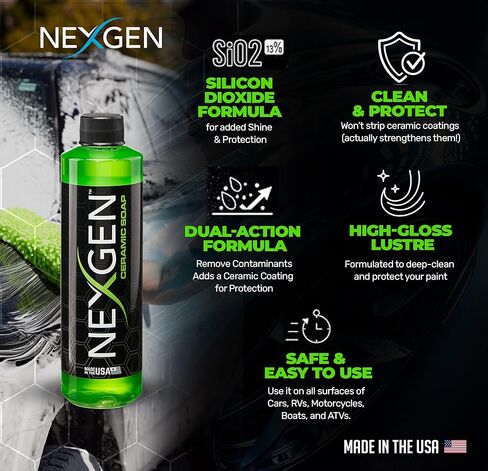 صابون سيراميك فاخر من Nexgen (16 أونصة) - صابون غسيل السيارات بتركيبة مزدوجة المفعول مع SiO2 للتنظيف والحماية - خرز مائي كاره للماء - لوازم تنظيف السيارة - آمن للطلاء والزجاج والكروم والمزيد in Saudi Arabia