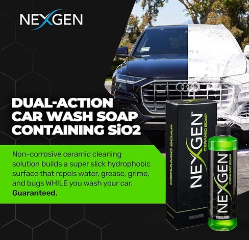 صابون سيراميك فاخر من Nexgen (16 أونصة) - صابون غسيل السيارات بتركيبة مزدوجة المفعول مع SiO2 للتنظيف والحماية - خرز مائي كاره للماء - لوازم تنظيف السيارة - آمن للطلاء والزجاج والكروم والمزيد in Saudi Arabia