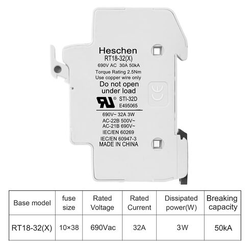 Heschen RT18-32(X) 32A AC690V 3-Pole DIN Rail Fuse حامل قاعدة، CE UL مدرجة in Saudi Arabia