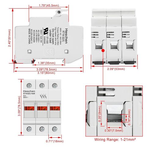 Heschen RT18-32(X) 32A AC690V 3-Pole DIN Rail Fuse حامل قاعدة، CE UL مدرجة in Saudi Arabia