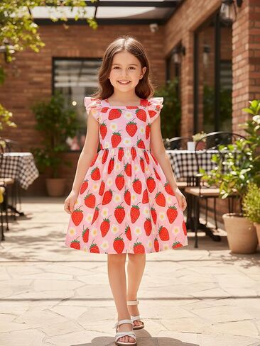 Popshion Girls Dresses Flutter Sleeve Swing Sundress Toddler Summer Clothes Kid Birthday Party Sleeveless Dress 1-8 Years Old in Kuwait