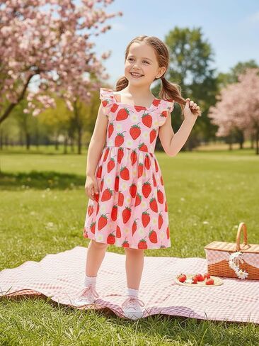 Popshion Girls Dresses Flutter Sleeve Swing Sundress Toddler Summer Clothes Kid Birthday Party Sleeveless Dress 1-8 Years Old in Kuwait