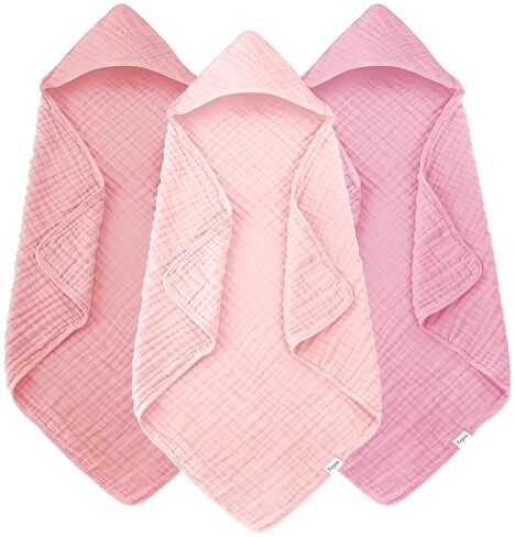 Muslin Hooded Baby Bath Towels - 3 Pack 100% Cotton Ultra-Soft Towels for Newborns, Infants, Toddlers - 32x32 Inch - Highly Absorbent, Quick-Dry Essentials for Bath Time, Beach, Pool, Pink Series in Saudi Arabia