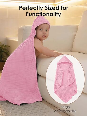Muslin Hooded Baby Bath Towels - 3 Pack 100% Cotton Ultra-Soft Towels for Newborns, Infants, Toddlers - 32x32 Inch - Highly Absorbent, Quick-Dry Essentials for Bath Time, Beach, Pool, Pink Series in Saudi Arabia