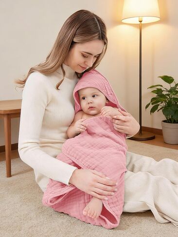 Muslin Hooded Baby Bath Towels - 3 Pack 100% Cotton Ultra-Soft Towels for Newborns, Infants, Toddlers - 32x32 Inch - Highly Absorbent, Quick-Dry Essentials for Bath Time, Beach, Pool, Pink Series in Saudi Arabia