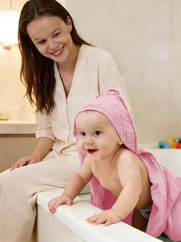 Muslin Hooded Baby Bath Towels - 3 Pack 100% Cotton Ultra-Soft Towels for Newborns, Infants, Toddlers - 32x32 Inch - Highly Absorbent, Quick-Dry Essentials for Bath Time, Beach, Pool, Pink Series in Saudi Arabia